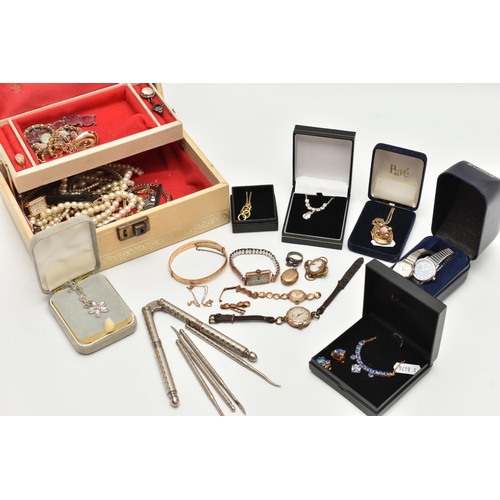 128 - A BOX OF ASSORTED JEWELLERY AND WATCHES, to include a 9ct gold 'Rotary' wristwatch, fitted with an A... 