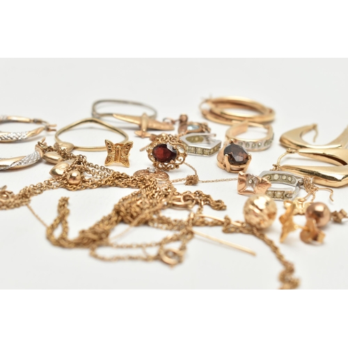 130 - AN ASSORTMENT OF YELLOW METAL JEWELLERY, a selection of earrings necklaces and pendants, most stampe... 