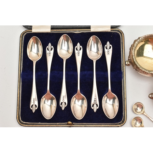 135 - A CASED SET OF TEASPOONS AND PAIR OF SALTS, a cased set of six teaspoons, hallmarked 'Charles Wilkes... 