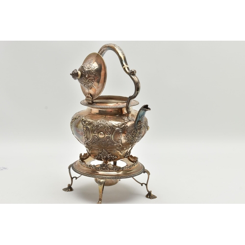 139 - A VICTORIA I SILVER TEAPOT STAND AND SPIRIT KETTLE,  acanthus and floral detail with ivory insulator... 