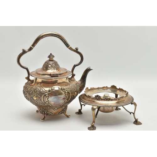 139 - A VICTORIA I SILVER TEAPOT STAND AND SPIRIT KETTLE,  acanthus and floral detail with ivory insulator... 