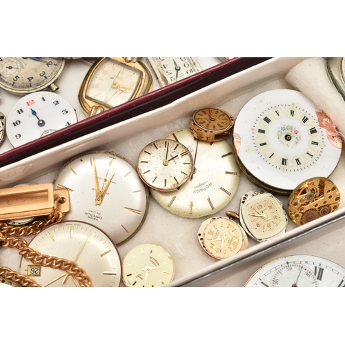 141 - A BOX OF ASSORTED WATCH MOVEMENTS, a selection of dials and movements, names to include Omega, Rotar... 