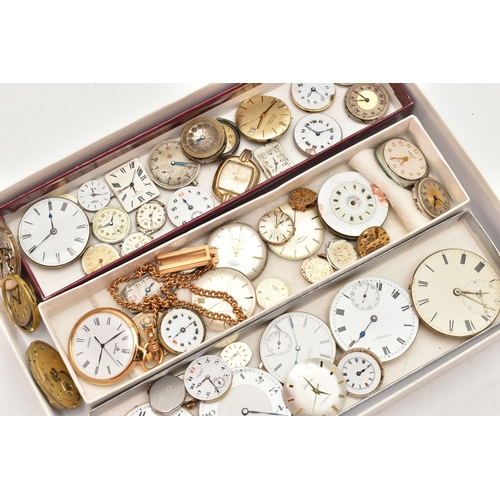 141 - A BOX OF ASSORTED WATCH MOVEMENTS, a selection of dials and movements, names to include Omega, Rotar... 