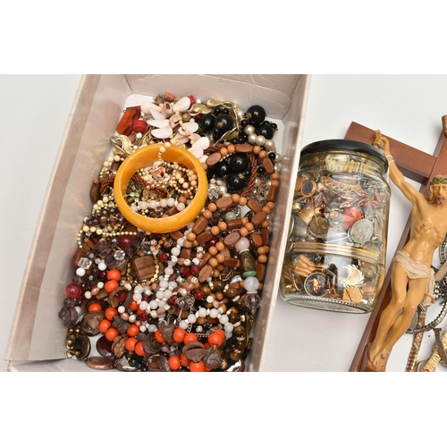 143 - A BOX OF ASSORTED ITEMS, to include a selection of beaded jewellery items, a jar of assorted costume... 