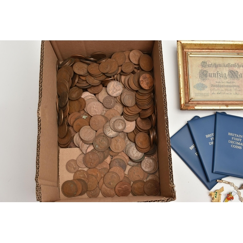 145 - A BOX OF ASSORTED ITEMS, to include a framed German 50 mark 1914 banknote, three 'Britain's First De... 