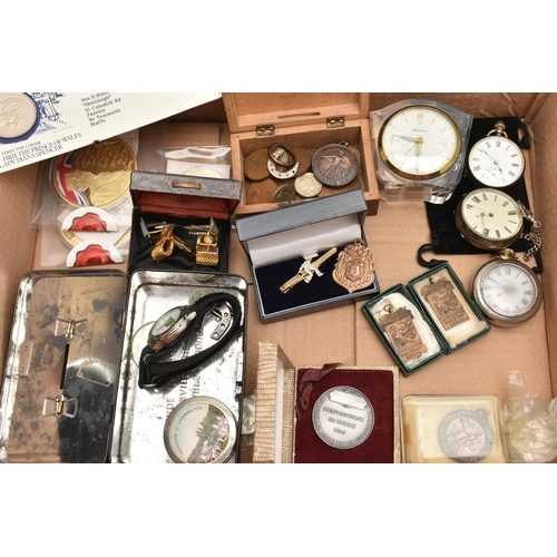 147 - A BOX OF ASSORTED ITEMS, to include two silver open face pocket watches, a 'Ingersoll open face pock... 