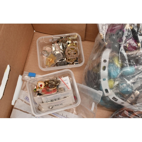 150 - A BOX OF ASSORTED COSTUME JEWELLERY, to include a selection of beaded necklaces, brooches, pins and ... 