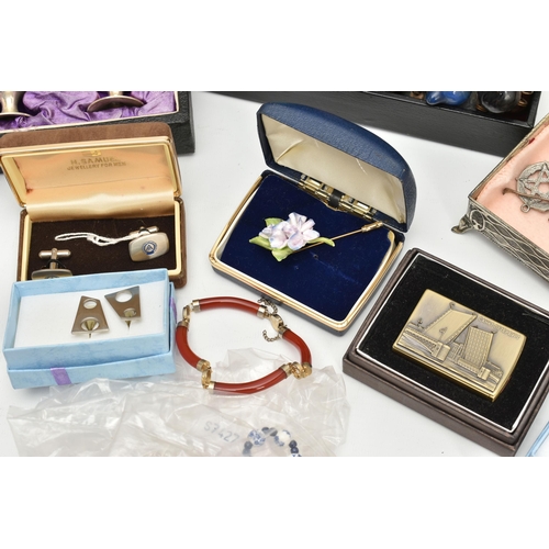 151 - A BOX OF ASSORTED ITEMS, to include a selection of jewellery, including bracelets, necklaces, pins, ... 