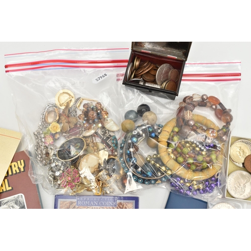 152 - A BOX OF ASSORTED COSTUME JEWELLERY AND COINS, a selection of necklaces, bracelets and brooches toge... 