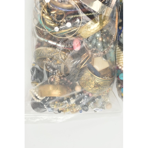 153 - TWO LARGE BAGS OF COSTUME JEWELLERY, a large selection of beaded necklaces, bangles, earrings, rings... 