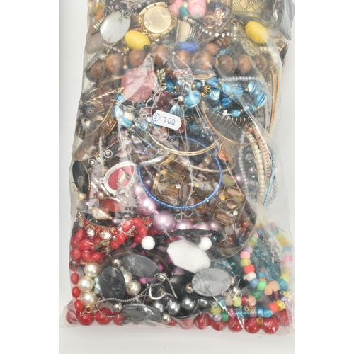 153 - TWO LARGE BAGS OF COSTUME JEWELLERY, a large selection of beaded necklaces, bangles, earrings, rings... 