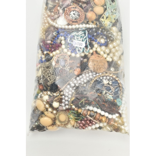 153 - TWO LARGE BAGS OF COSTUME JEWELLERY, a large selection of beaded necklaces, bangles, earrings, rings... 