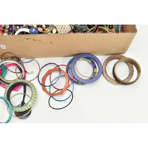 154 - A BOX OF ASSORTED COSTUME JEWELLERY, to include a selection of beaded necklaces, bracelets and bangl... 