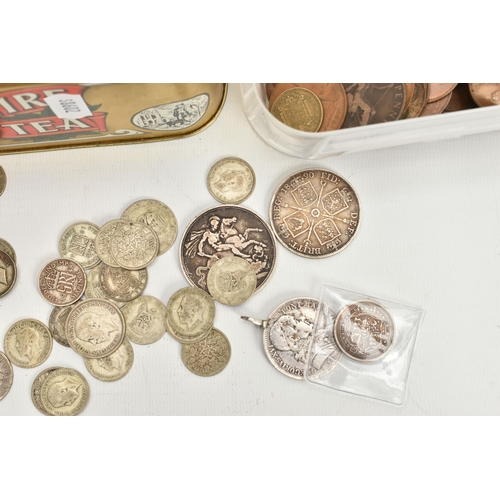 156 - A BOX OF ASSORTED COINS AND WATCHES, to include a 1816 shilling George III, a crown and a double Flo... 