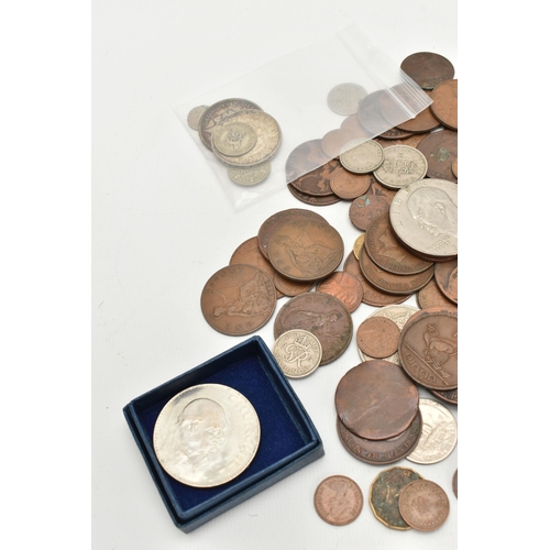 157 - A SMALL BOX OF COINS, to include a pair of Faithful Service Police Medals to Trevor C Jones, includi... 