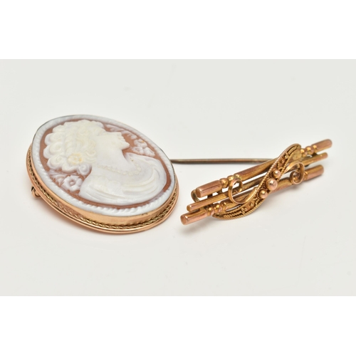 84 - A YELLOW METAL CAMEO BROOCH AND A BAR BROOCH, oval carved shell cameo depicting a lady in profile, c... 