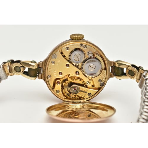 85 - A LADYS 9CT GOLD EARLY 20TH CENTURY WRISTWATCH, manual wind, round white dial, Roman numerals, subsi... 