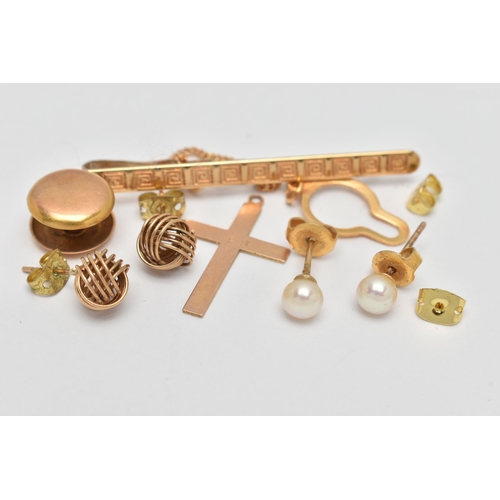 86 - ASSORTED JEWELLERY, to include a yellow metal cross pendant, stamped 9ct, a pair of cultured pearl s... 