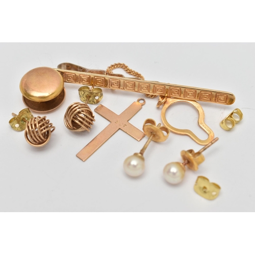 86 - ASSORTED JEWELLERY, to include a yellow metal cross pendant, stamped 9ct, a pair of cultured pearl s... 