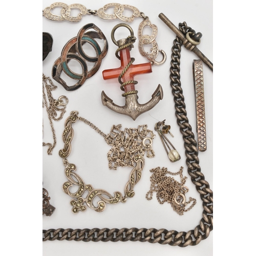 87 - A SMALL BAG OF ITEMS, to include a graduated silver albert chain fitted with a T-bar and lobster cla... 