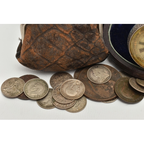 89 - AN OPEN FACE POCKET WATCH AND ASSORTMENT OF COINS, key wound movement, floral dial, Roman numerals, ... 