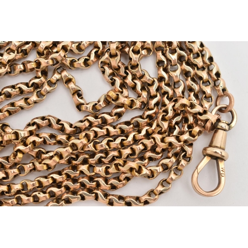 90 - AN EARLY 20TH CENTURY LONGUARD CHAIN, a fancy link gold chain, fitted with a lobster clasp, approxim... 