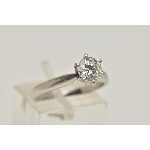 91 - A SINGLE STONE DIAMOND RING, round brilliant cut diamond, six prong set in a platinum mount, diamond... 