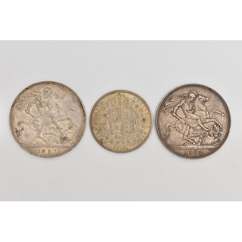 96 - THREE COINS, to include a Victorian crown, dated 1897, an Edwardian Crown, dated 1902, and a Victori... 