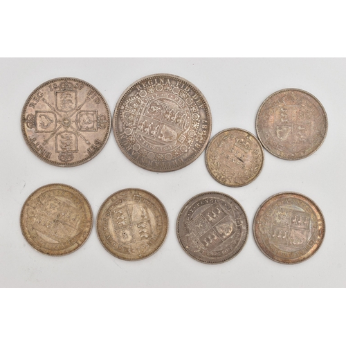 98 - A SMALL BAG OF COINS, to include a Victoria Half Crown dated 1887, a Victorian 1887 One Florin, five... 