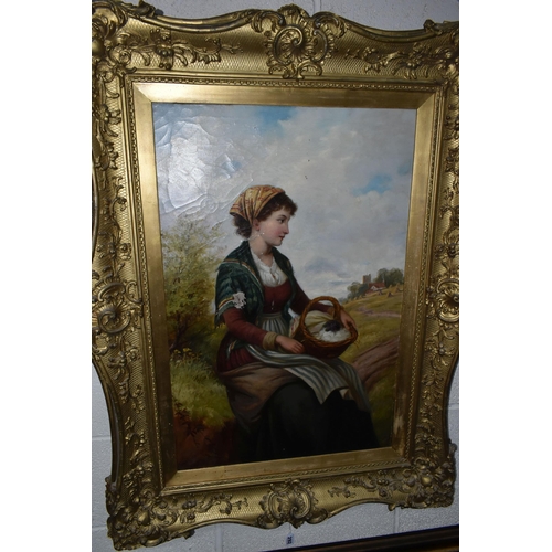 292 - FRANK TURNER (BRITISH, ACTIVE 1863-1875) YOUNG COUNTRY MAIDEN SEATED IN A RURAL SETTING, with a wick... 