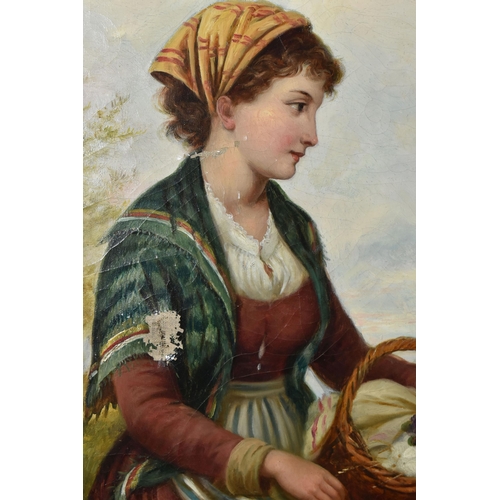 292 - FRANK TURNER (BRITISH, ACTIVE 1863-1875) YOUNG COUNTRY MAIDEN SEATED IN A RURAL SETTING, with a wick... 