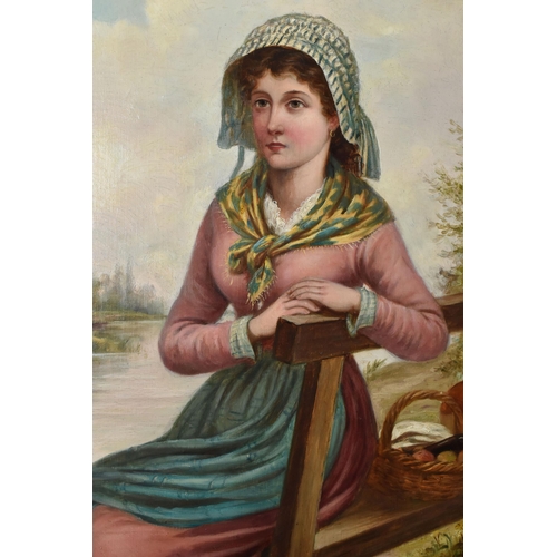 292 - FRANK TURNER (BRITISH, ACTIVE 1863-1875) YOUNG COUNTRY MAIDEN SEATED IN A RURAL SETTING, with a wick... 