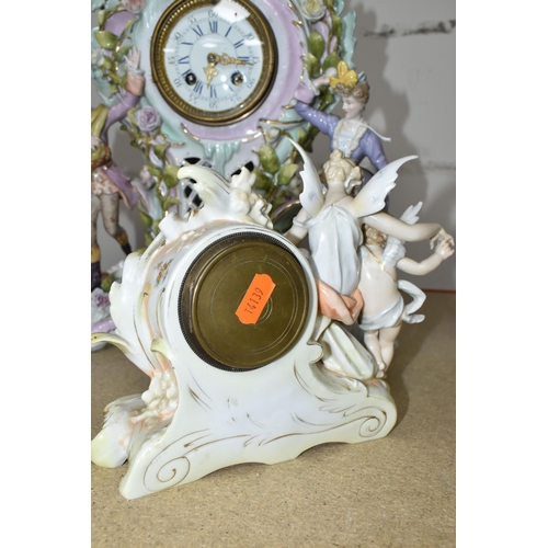 333 - TWO LATE 19TH CENTURY CONTINENTAL PORCELAIN CASED FIGURAL MANTEL CLOCKS, comprising a floral encrust... 