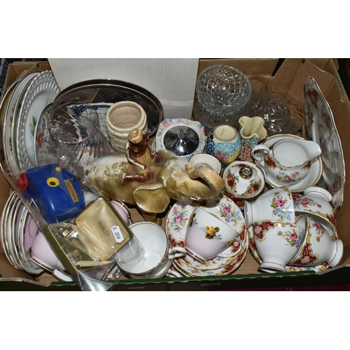 537 - THREE BOXES AND LOOSE CERAMICS, GLASS AND METAL WARES, to include three copper and brass kettles, th... 