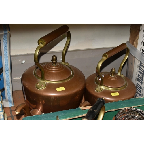 537 - THREE BOXES AND LOOSE CERAMICS, GLASS AND METAL WARES, to include three copper and brass kettles, th... 