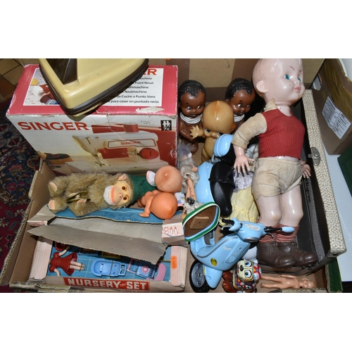 539 - TWO BOXES OF SECOND HALF 20TH CENTURY TOYS AND MODEL RAILWAY BUILDINGS, including a boxed Poplar Pla... 