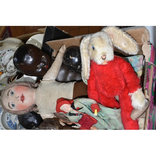 542 - A BOX OF VINTAGE DOLLS, ETC, including an early 1970's Steiff Rico Rabbit, lacks hat, scarf and tag,... 