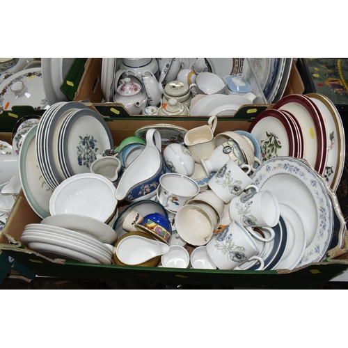 543 - FOUR BOXES OF WEDGWOOD, ROYAL GRAFTON AND ROYAL DOULTON CERAMICS, ETC, mostly part sets and oddments... 