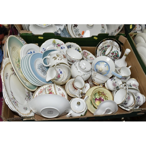 543 - FOUR BOXES OF WEDGWOOD, ROYAL GRAFTON AND ROYAL DOULTON CERAMICS, ETC, mostly part sets and oddments... 