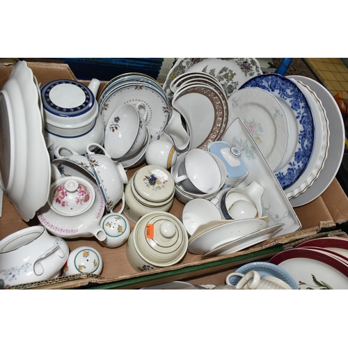 543 - FOUR BOXES OF WEDGWOOD, ROYAL GRAFTON AND ROYAL DOULTON CERAMICS, ETC, mostly part sets and oddments... 