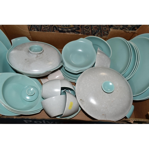 544 - TWO BOXES OF POOLE POTTERY TWINTONE DINNERWARE IN ICE GREEN AND SEAGULL, approximately ninety five p... 