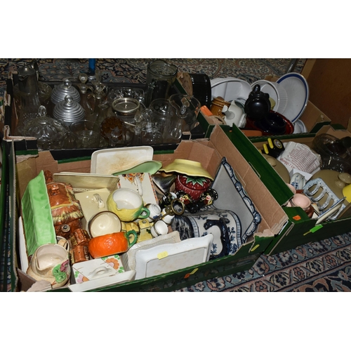 545 - SEVEN BOXES OF ASSORTED GLASSWARE AND KITCHEN CROCKERY, ETC, including a small quantity of pub adver... 