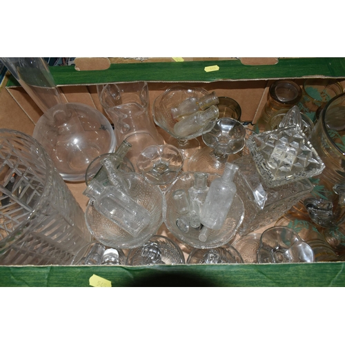 545 - SEVEN BOXES OF ASSORTED GLASSWARE AND KITCHEN CROCKERY, ETC, including a small quantity of pub adver... 