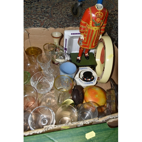 545 - SEVEN BOXES OF ASSORTED GLASSWARE AND KITCHEN CROCKERY, ETC, including a small quantity of pub adver... 