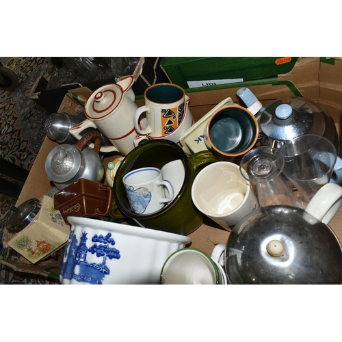 545 - SEVEN BOXES OF ASSORTED GLASSWARE AND KITCHEN CROCKERY, ETC, including a small quantity of pub adver... 