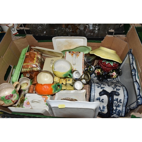 545 - SEVEN BOXES OF ASSORTED GLASSWARE AND KITCHEN CROCKERY, ETC, including a small quantity of pub adver... 