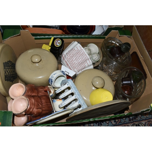 545 - SEVEN BOXES OF ASSORTED GLASSWARE AND KITCHEN CROCKERY, ETC, including a small quantity of pub adver... 