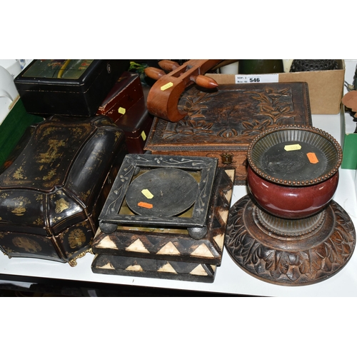 546 - A COLLECTION OF FOUR WOODEN BOXES, A BOX OF TREEN AND CANDLES, ETC, including a distressed 19th cent... 