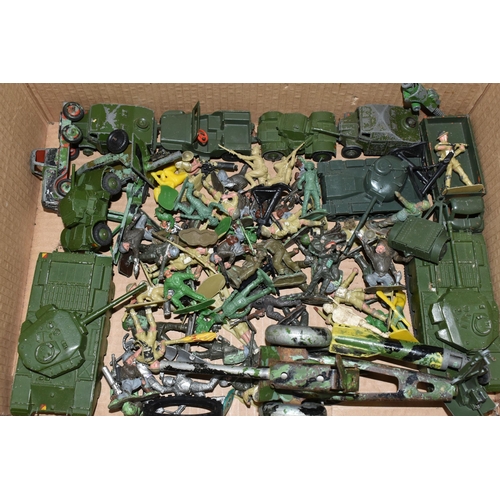 547 - FOUR SMALL BOXES OF PLASTIC AND LEAD SOLDIERS AND VEHICLES, ETC, including ten Louis Marx plastic fi... 