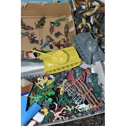 547 - FOUR SMALL BOXES OF PLASTIC AND LEAD SOLDIERS AND VEHICLES, ETC, including ten Louis Marx plastic fi... 